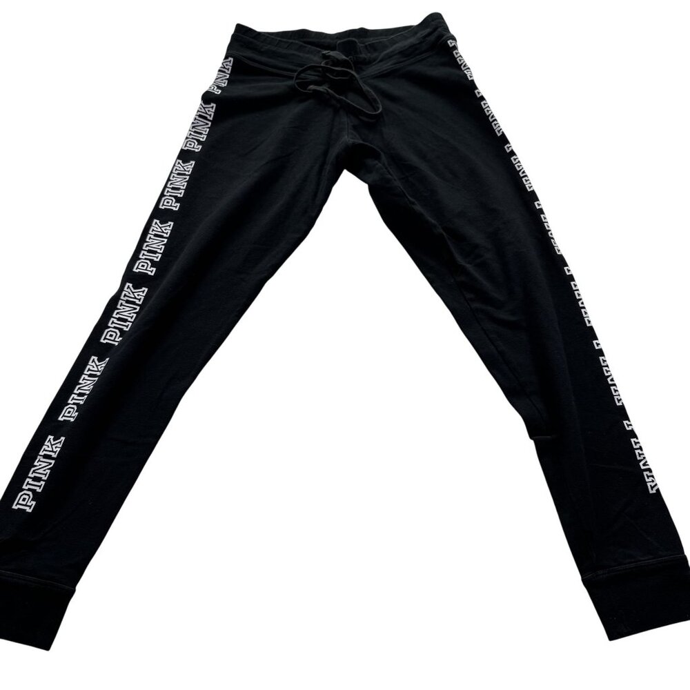 Victoria's Secret Pink Black Leggings Logo Graphic Bands Drawstring Waist - M